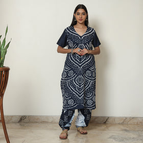 Blue - Bandhani Tie-Dye Cotton Kurta with Afghani Salwar & Dupatta Set 04