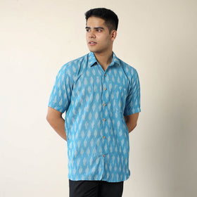 Blue - Pochampally Ikat Weave Cotton Men Half Sleeve Shirt 01
