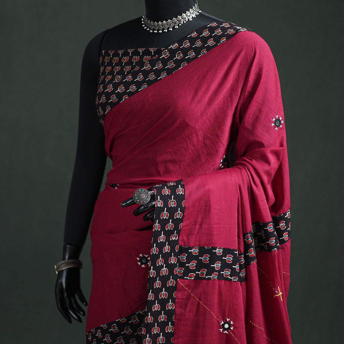 Tagai & Mirror Embroidered Ajrakh Patchwork Pure Mul Cotton Saree with Blouse Piece 14