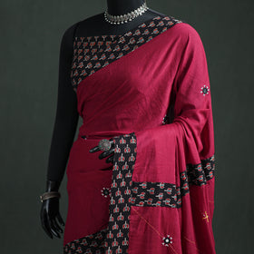 Tagai & Mirror Embroidered Ajrakh Patchwork Pure Mul Cotton Saree with Blouse Piece 14