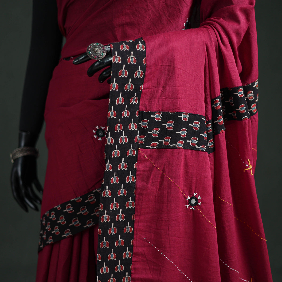 Tagai & Mirror Embroidered Ajrakh Patchwork Pure Mul Cotton Saree with Blouse Piece 14