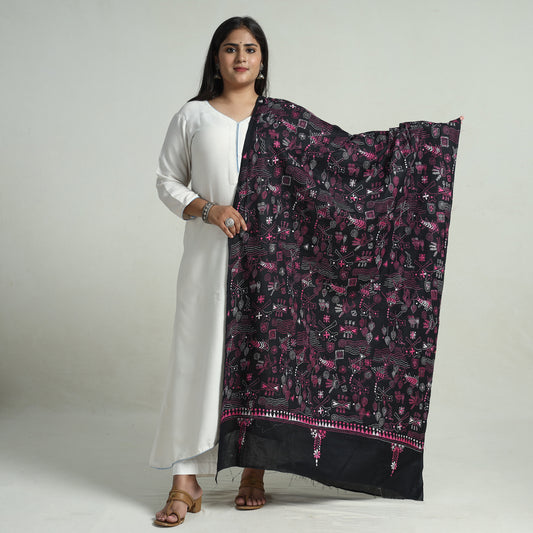 Black - Bengal Kantha Hand Embroidery Cotton Dupatta with Tassels 133