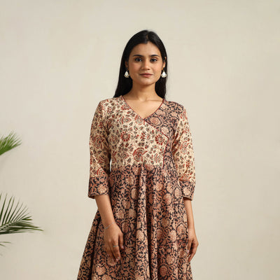 Pedana Block Print Cotton Flared Kalamkari Dress 01