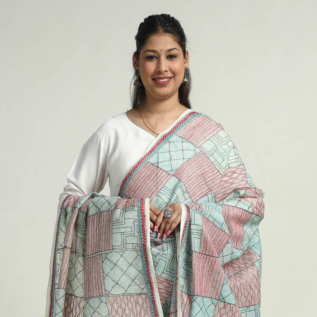 Bengal Kantha Hand Embroidery Tussar Silk Handloom Dupatta 04