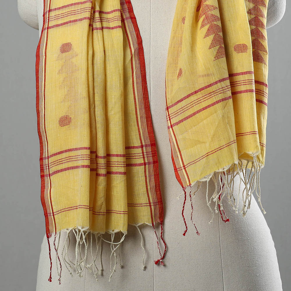 Yellow - Burdwan Jamdani Cotton Handloom Stole with Tassels 01