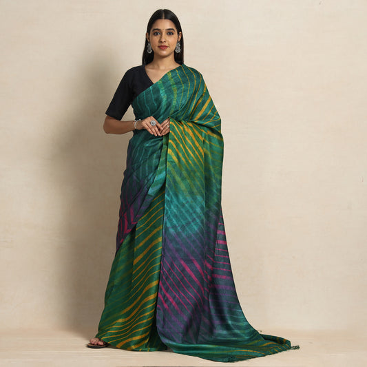 Green - Multicolour Leheriya Tie-Dye Tussar Silk Handloom Saree