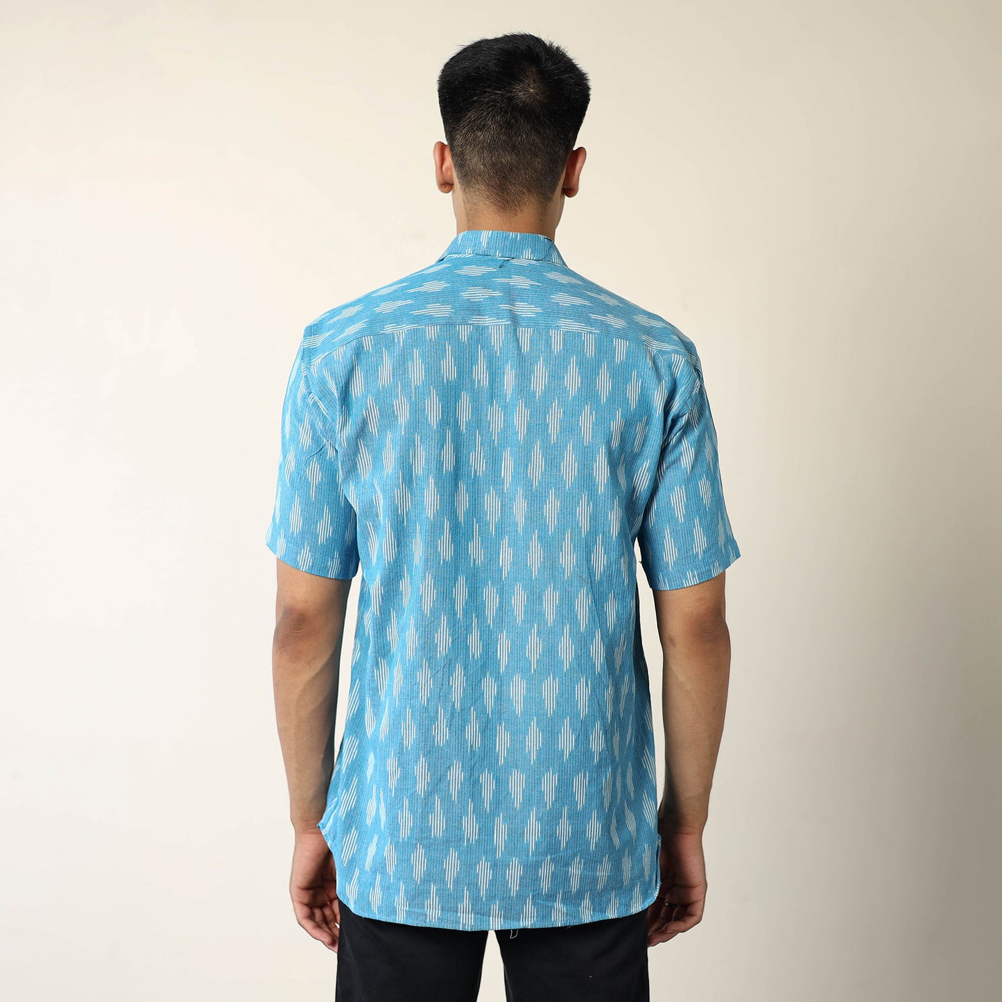 Blue - Pochampally Ikat Weave Cotton Men Half Sleeve Shirt 01