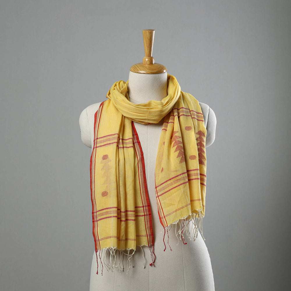 Yellow - Burdwan Jamdani Cotton Handloom Stole with Tassels 01