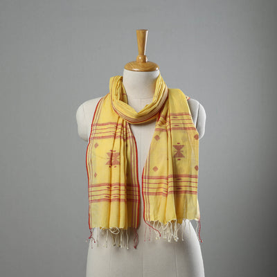 Yellow - Burdwan Jamdani Cotton Handloom Stole with Tassels 02