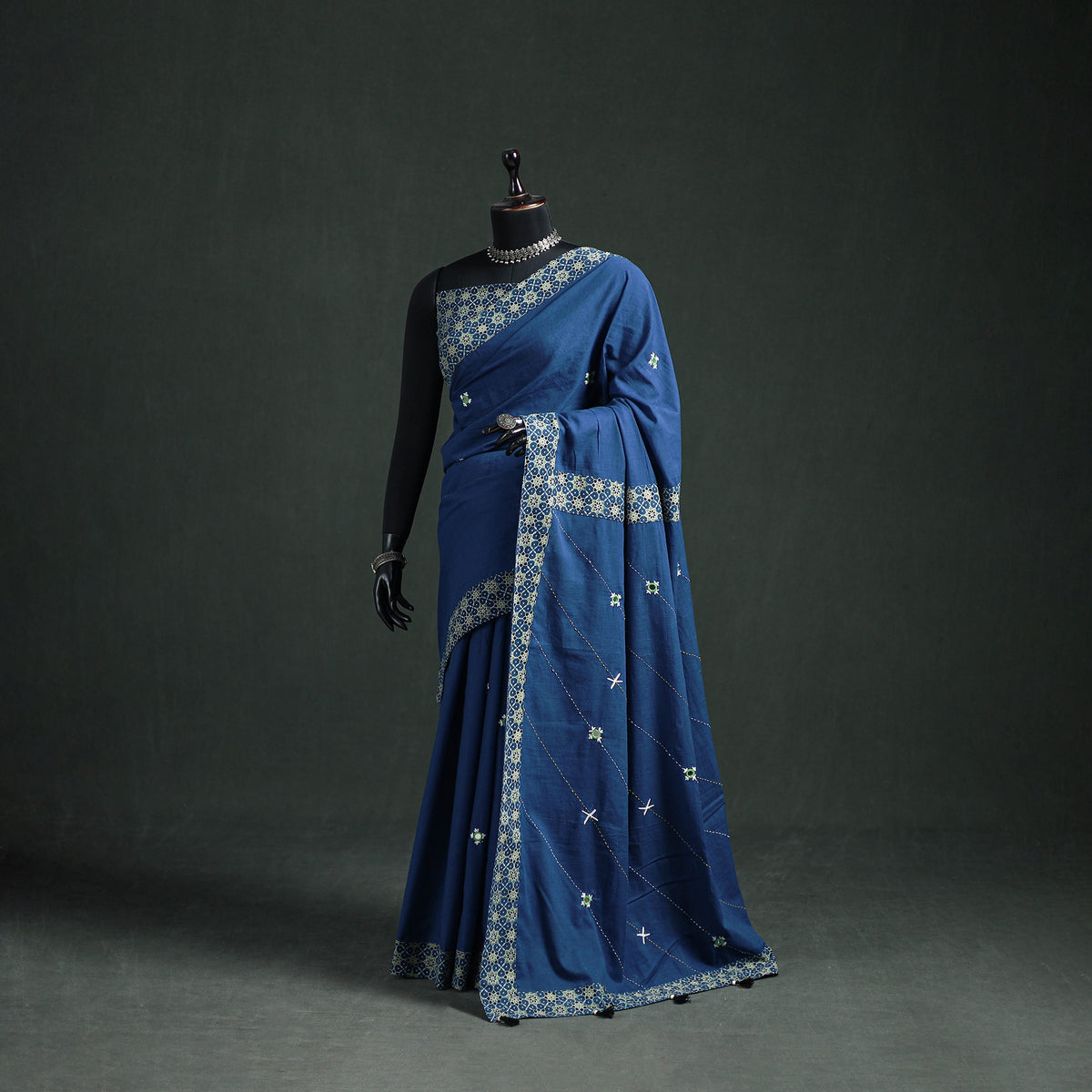 Tagai & Mirror Embroidered Ajrakh Patchwork Pure Mul Cotton Saree with Blouse Piece 15