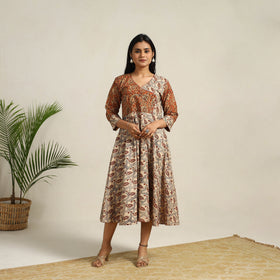  Beige Pedana Block Print Cotton Flared Kalamkari Dress