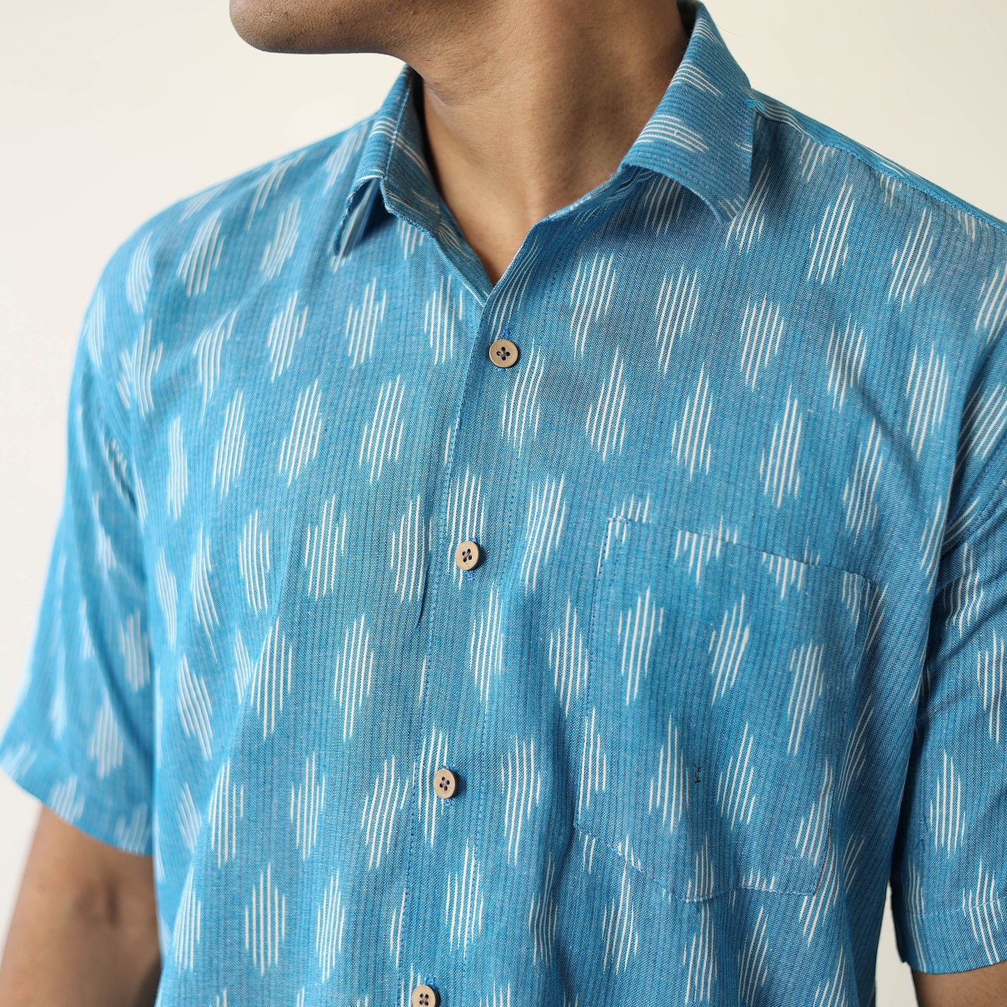 Blue - Pochampally Ikat Weave Cotton Men Half Sleeve Shirt 01