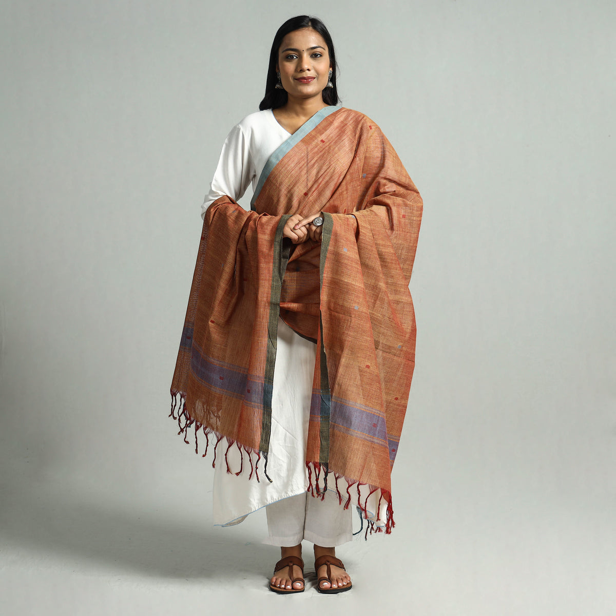 Orange - Godavari Jamdani Buti Handloom Handspun Cotton Dupatta with Tassels 02