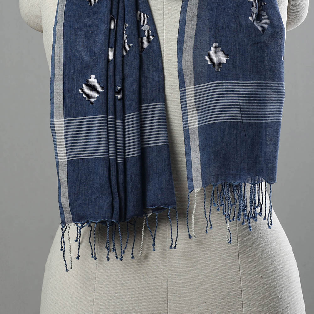 Blue - Burdwan Jamdani Cotton Handloom Stole with Tassels 03