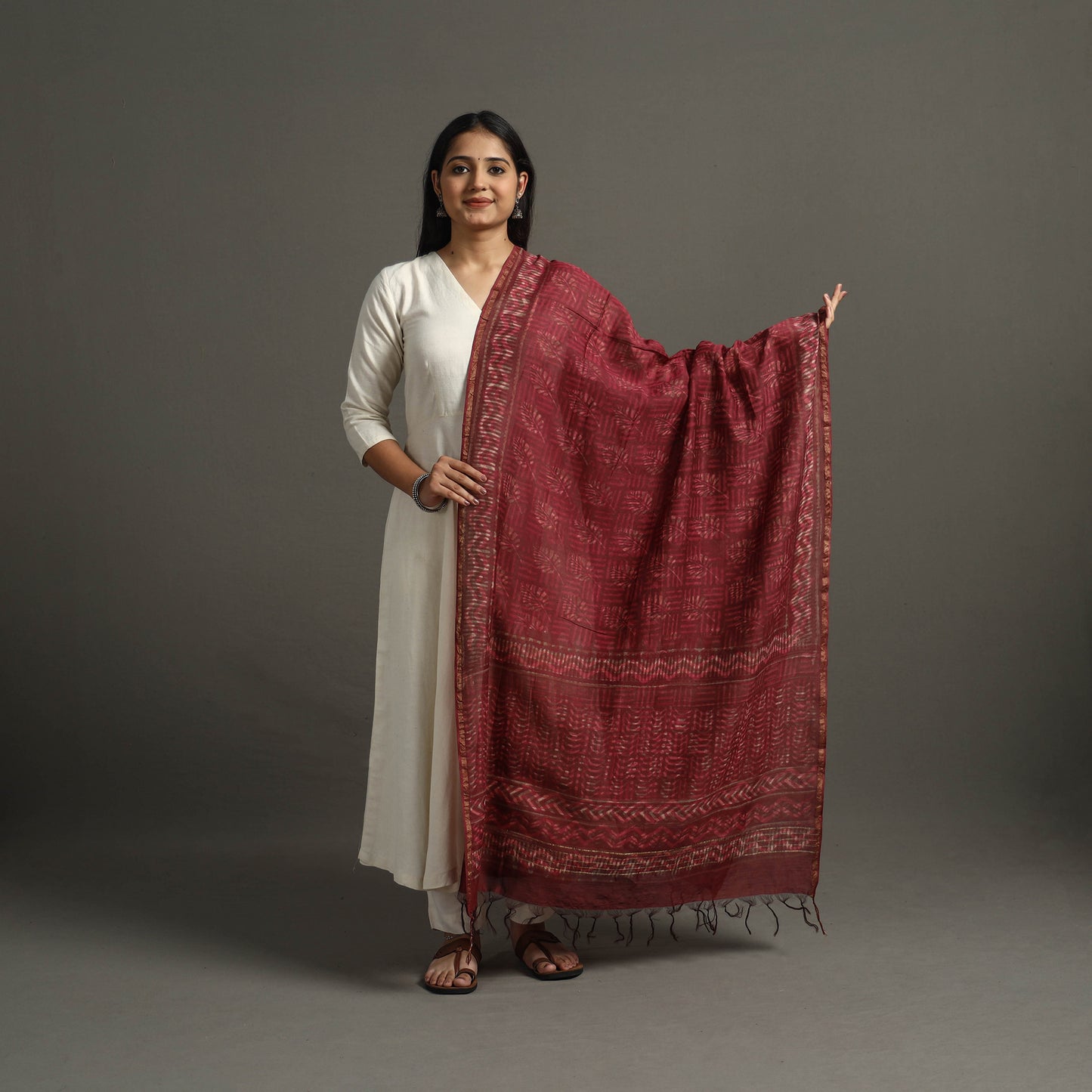 Maroon - Block Printed Chanderi Silk Bagru Dupatta 10