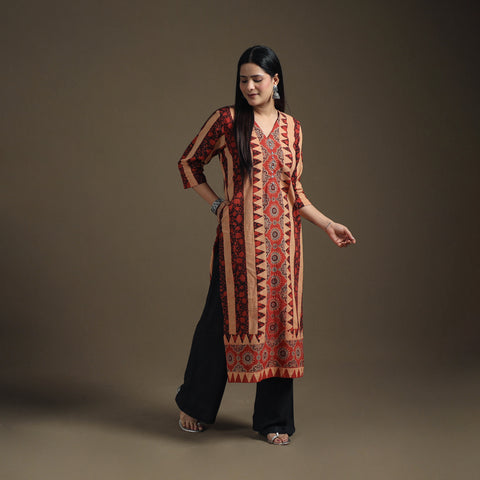 Hand Block Print Cotton Straight Long Ajrakh Kurta for Women 02