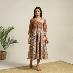  Beige Pedana Block Print Cotton Flared Kalamkari Dress
