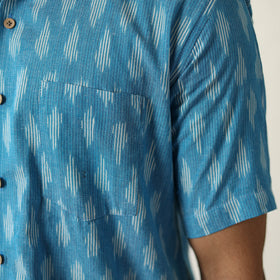 Blue - Pochampally Ikat Weave Cotton Men Half Sleeve Shirt 01