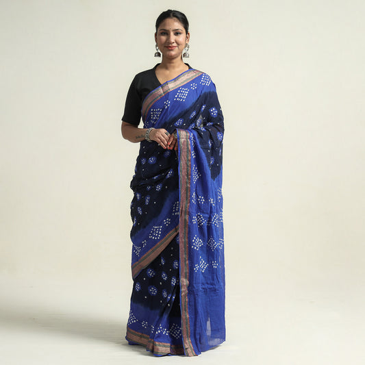 Blue - Kutch Bandhani Tie-Dye Cotton Saree with Blouse Piece
