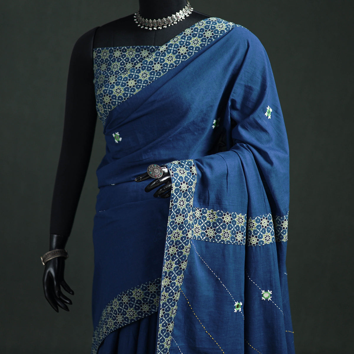 Tagai & Mirror Embroidered Ajrakh Patchwork Pure Mul Cotton Saree with Blouse Piece 15