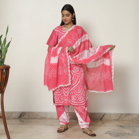 Pink - Bandhani Tie-Dye Cotton Kurta with Afghani Salwar & Dupatta Set 05