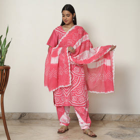 Pink - Bandhani Tie-Dye Cotton Kurta with Afghani Salwar & Dupatta Set 05