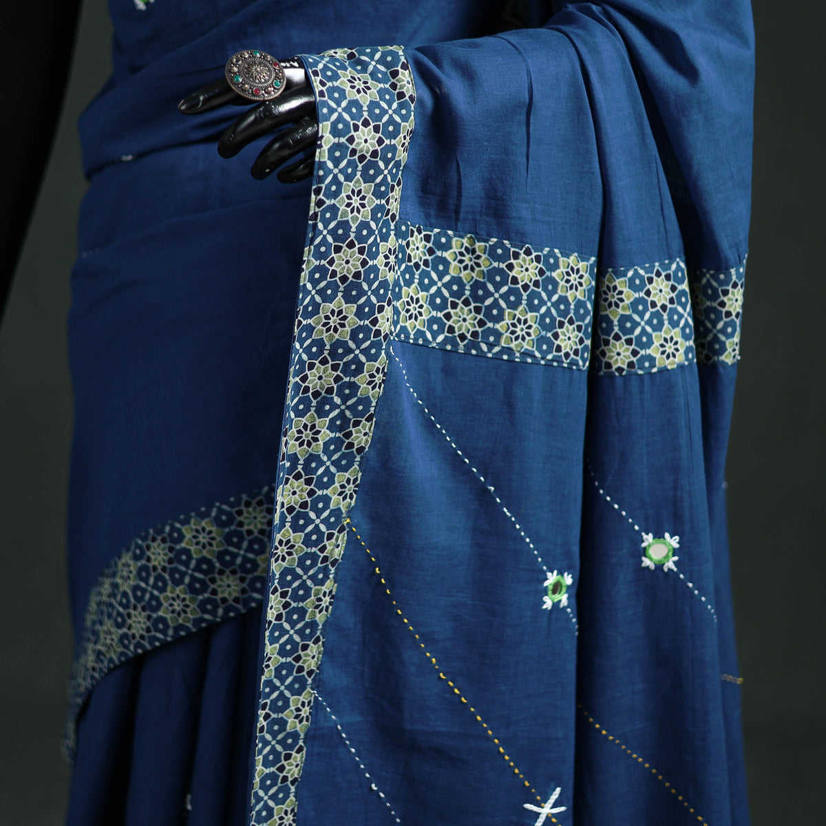 Tagai & Mirror Embroidered Ajrakh Patchwork Pure Mul Cotton Saree with Blouse Piece 15