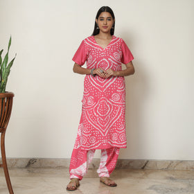 Pink - Bandhani Tie-Dye Cotton Kurta with Afghani Salwar & Dupatta Set 05