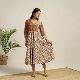  Beige Pedana Block Print Cotton Flared Kalamkari Dress