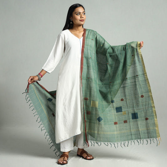 Green - Godavari Jamdani Buti Handloom Handspun Cotton Dupatta with Tassels 03