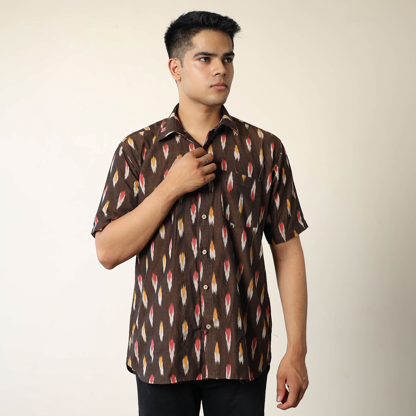 Brown - Pochampally Ikat Weave Cotton Men Half Sleeve Shirt 02