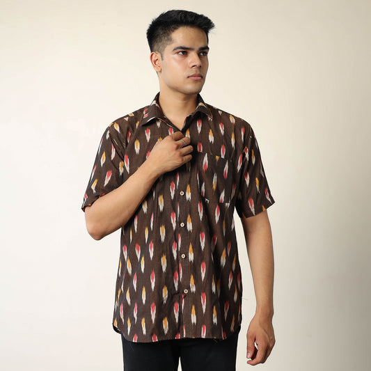 Brown - Pochampally Ikat Weave Cotton Men Half Sleeve Shirt 02