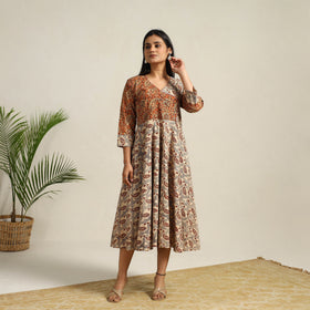  Beige Pedana Block Print Cotton Flared Kalamkari Dress