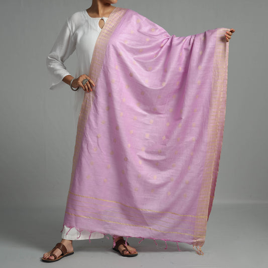 Pink - Lavender Jamdani Buti Mulberry Silk Handloom Dupatta with Tassels