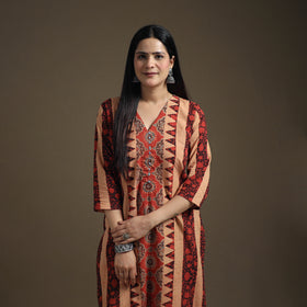 Hand Block Print Cotton Straight Long Ajrakh Kurta for Women 02