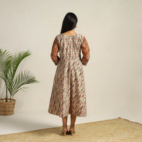  Beige Pedana Block Print Cotton Flared Kalamkari Dress
