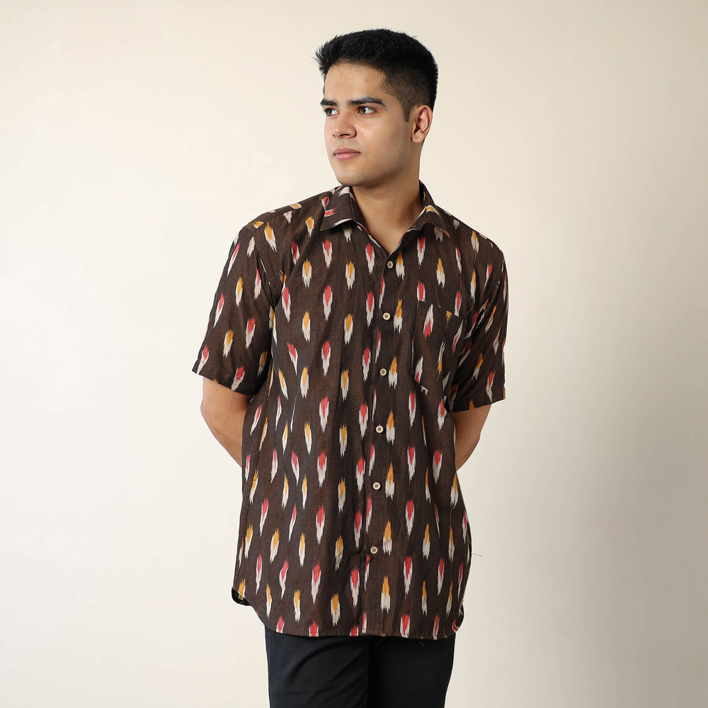 Brown - Pochampally Ikat Weave Cotton Men Half Sleeve Shirt 02