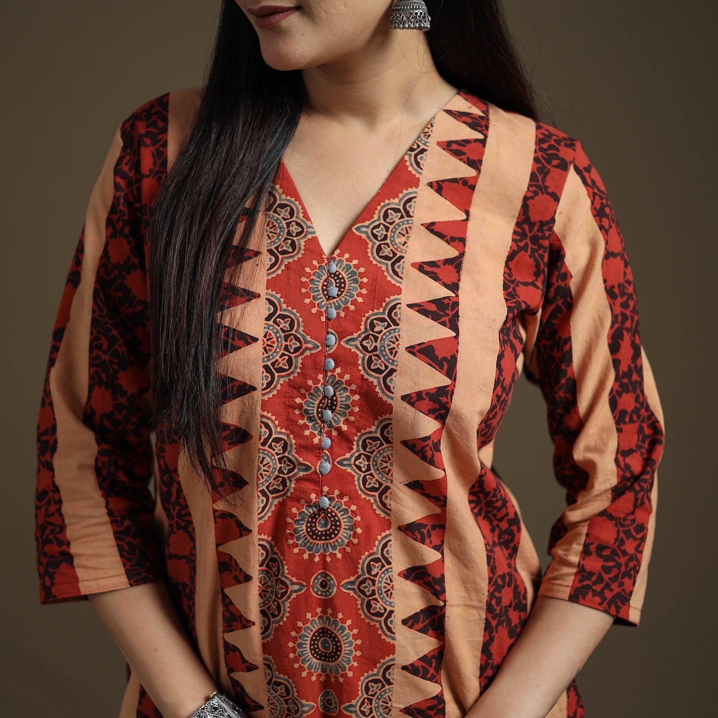 Hand Block Print Cotton Straight Long Ajrakh Kurta for Women 02