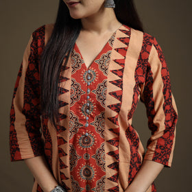 Hand Block Print Cotton Straight Long Ajrakh Kurta for Women 02