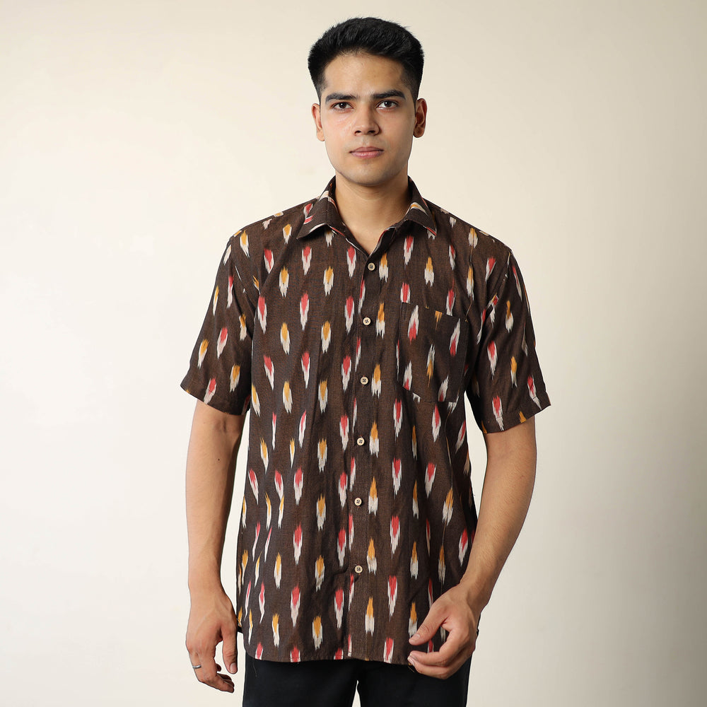 Brown - Pochampally Ikat Weave Cotton Men Half Sleeve Shirt 02