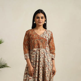  Beige Pedana Block Print Cotton Flared Kalamkari Dress