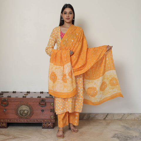 Orange - Hand Batik Printed Cotton Kurta with Palazzo & Dupatta Set 10