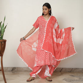 Peach - Bandhani Tie-Dye Cotton Kurta with Afghani Salwar & Dupatta Set 06