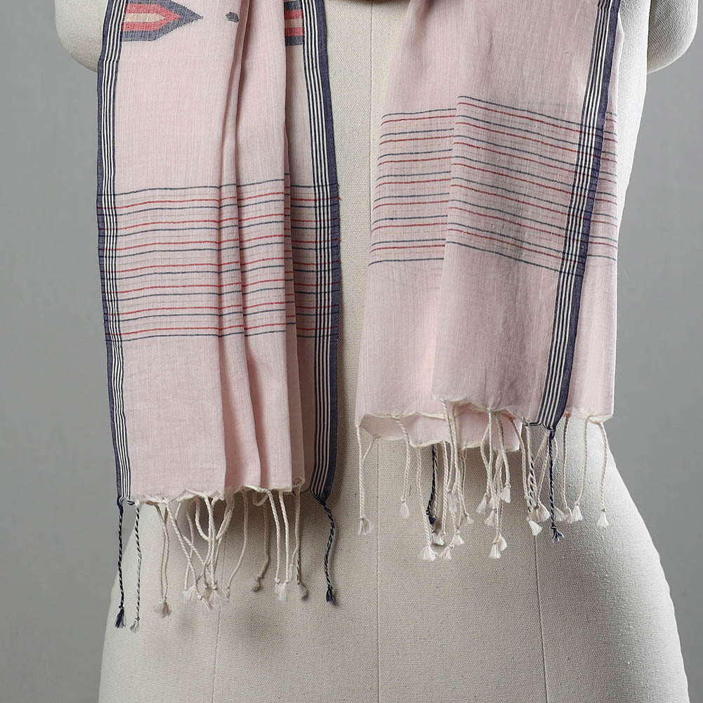 Pink - Burdwan Jamdani Cotton Handloom Stole with Tassels 08