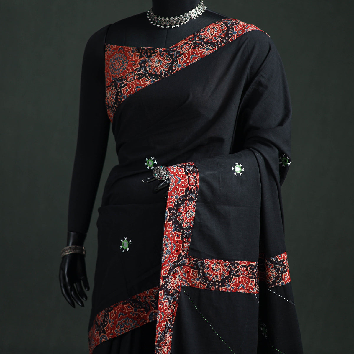Tagai & Mirror Embroidered Ajrakh Patchwork Pure Mul Cotton Saree with Blouse Piece 16