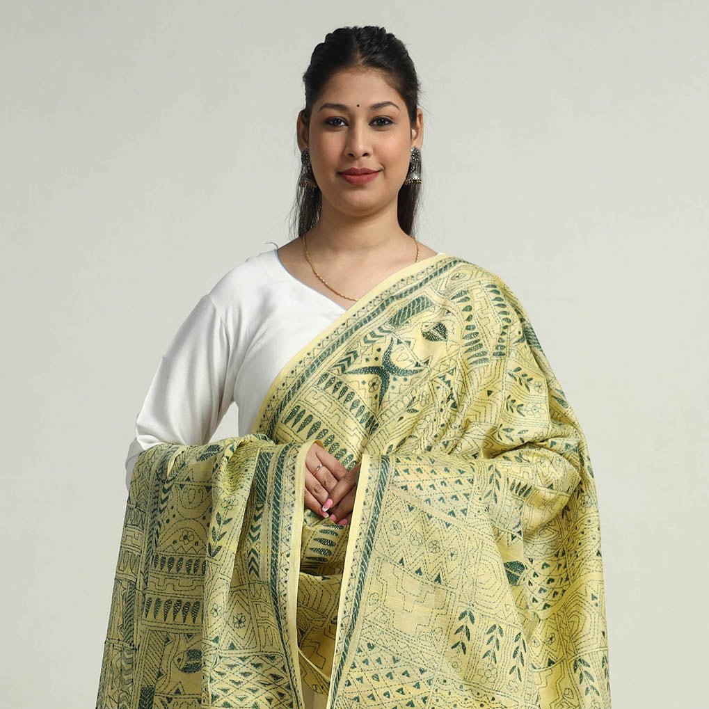 Bengal Kantha Hand Embroidery Tussar Silk Handloom Dupatta 06