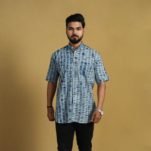 Blue - Half Sleeve Tie & Dye Cotton Men Shibori Shirt 08