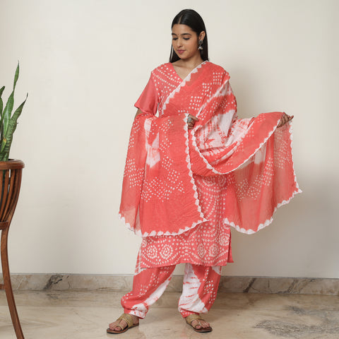 Peach - Bandhani Tie-Dye Cotton Kurta with Afghani Salwar & Dupatta Set 06