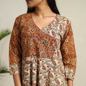  Beige Pedana Block Print Cotton Flared Kalamkari Dress