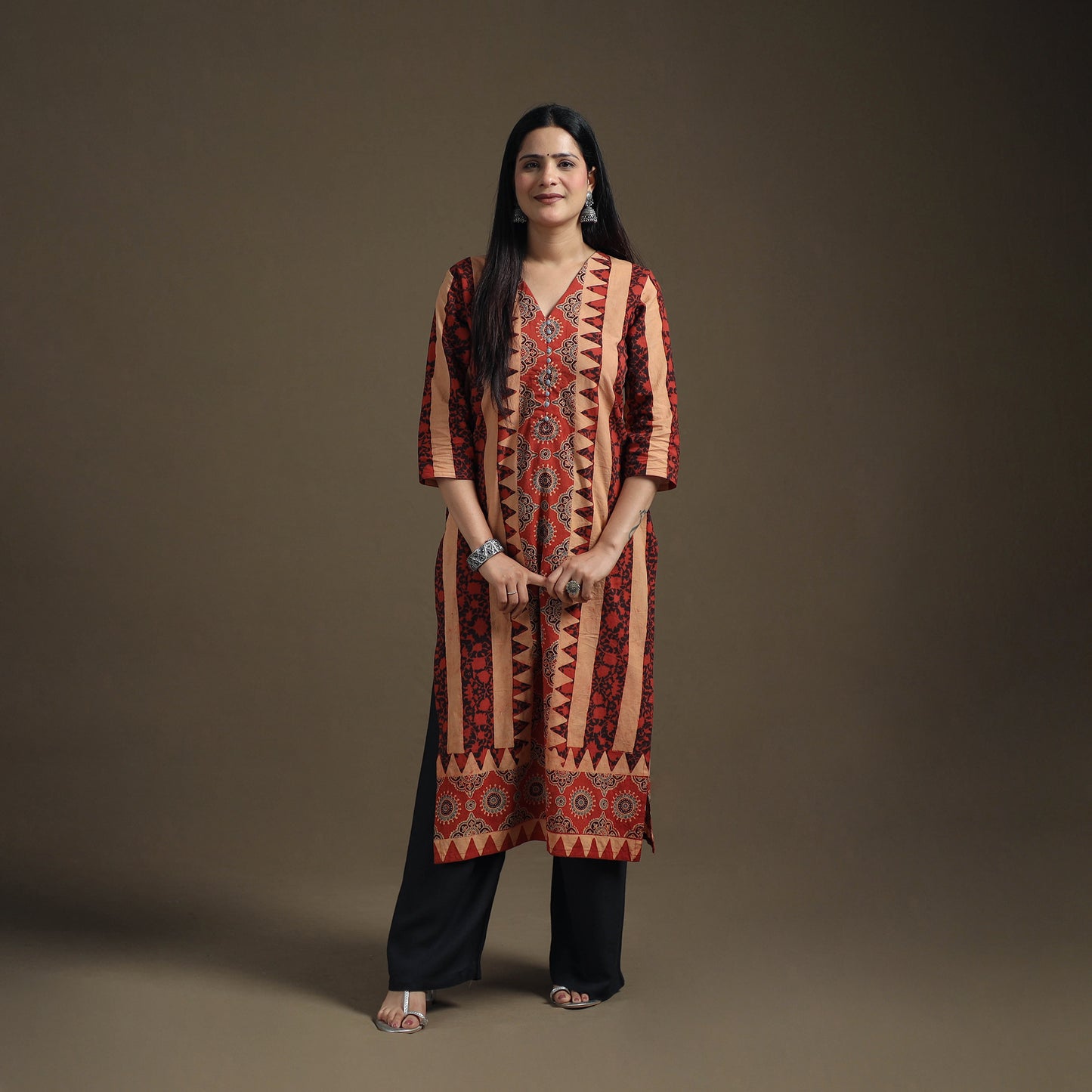 Hand Block Print Cotton Straight Long Ajrakh Kurta for Women 02